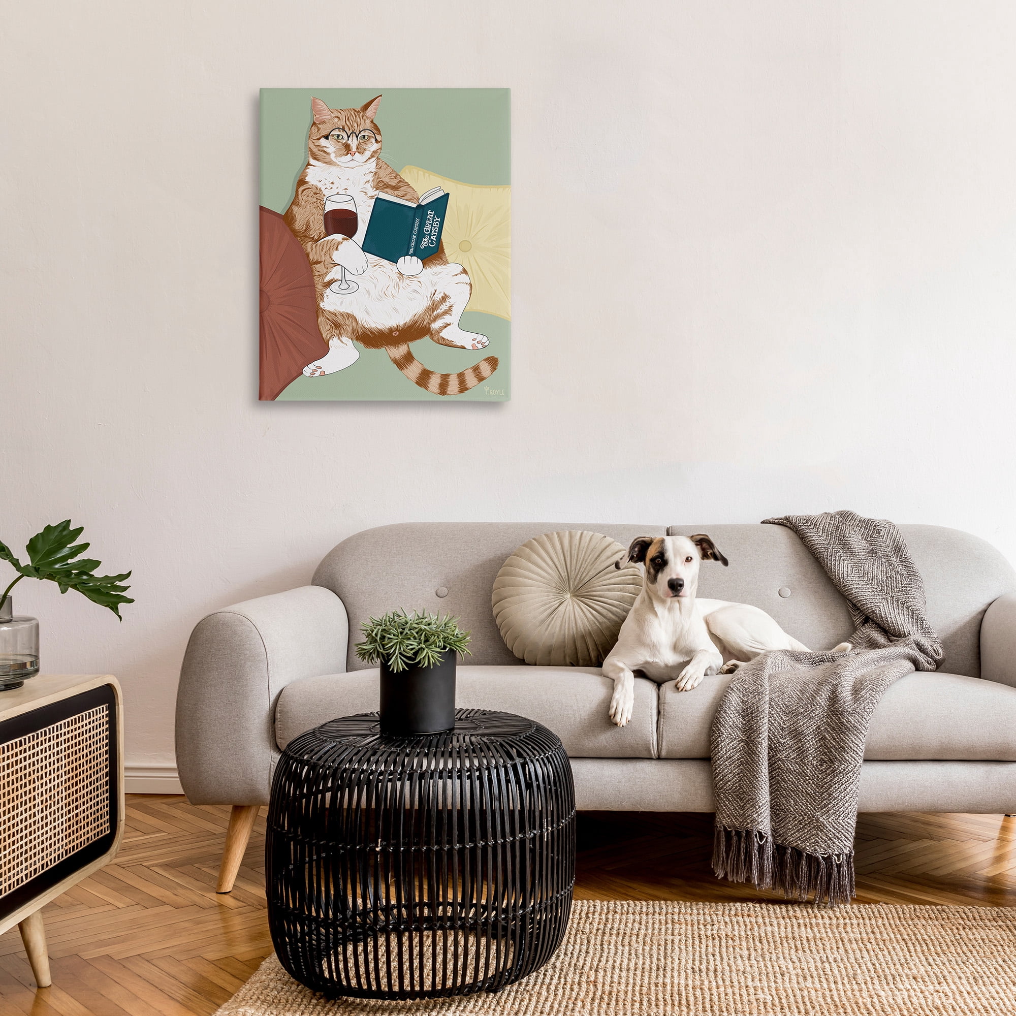 Stupell Industries Cat Reading with Wine Animals & Insects Painting Gallery Wrapped Canvas Art Print Wall Art, 30 x 40