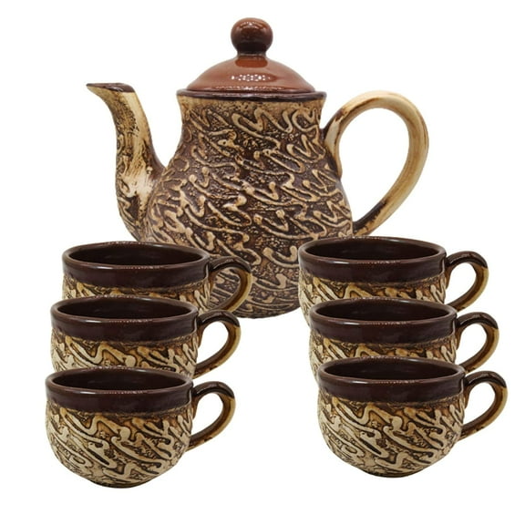 India Meets India Brown Ceramic Tea Pot Kettle 27 Oz Set of 6 Ceramic Tea Cups Indian Handicraft Perfect Gift Pack