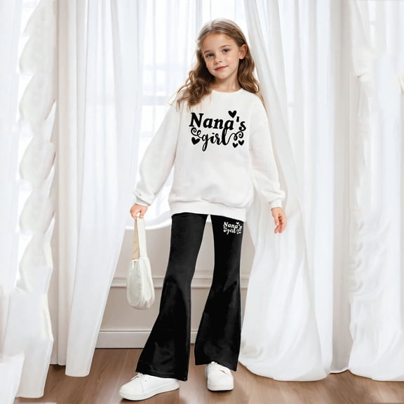 Girls Casual Outfit Long Sleeve Graphic Hoodie With Flared Pants Comfortable Daily Wear Two Piece Coordinated Loungewear White 9-10 Y