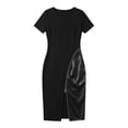 thumbnail image 7 of XUNKUSGA Cocktail Dresses for Women Fashion Patchwork PU Leather Zipper Split Hem Bodycon Dresses Summer Classic Crewneck Short Sleeve Prom Dress,Black,S, 7 of 7