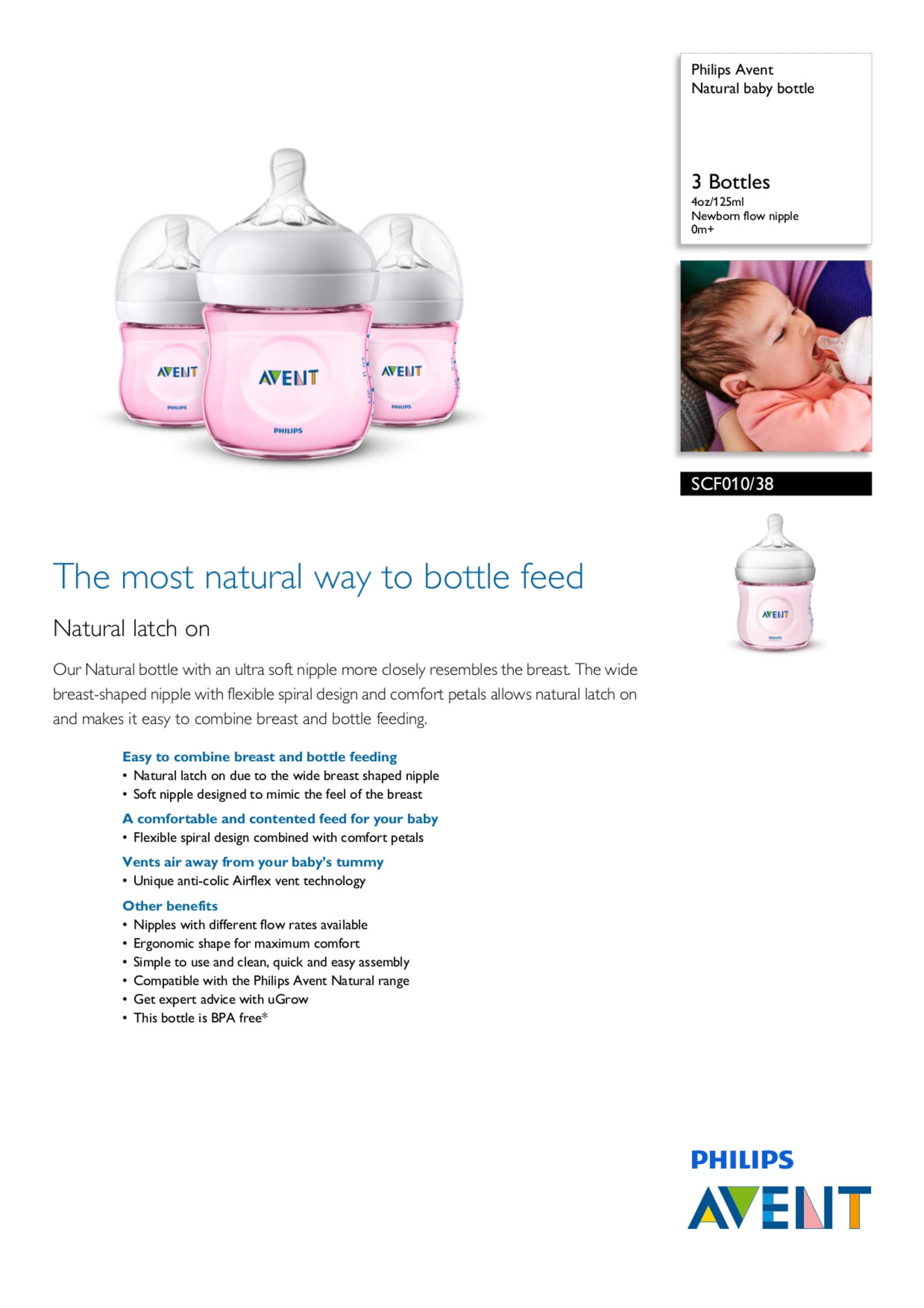 Philips Avent Natural Baby Bottle, Pink, 4oz,3pk, SCF010/38