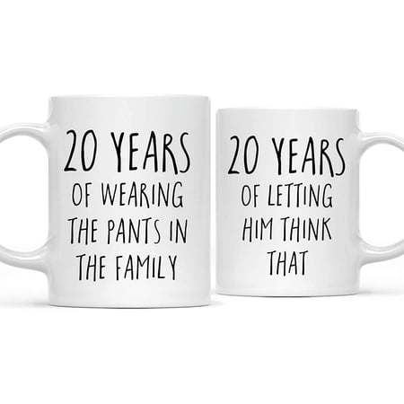 CTDream Funny 20th Wedding Anniversary 11oz. Couples Coffee Mug Gag Gift 20 Years of Wearing the Pants in the Family Letting Him Think That 2-Pack with Gift Box for Husband Wife Parents