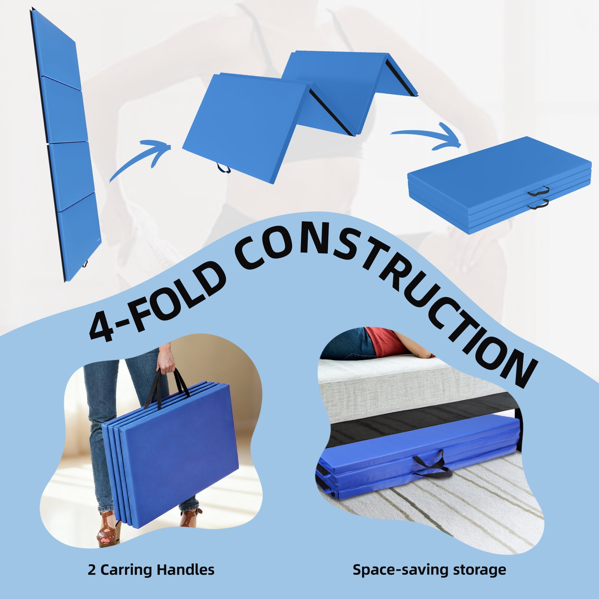 Signature Fitness 4ft x 10ft x 3in Folding Gymnastics Mat, 4-Panel Extra Thick Exercise Mat with Handles, PVC Leather + EPE Foam, Multiple Colors