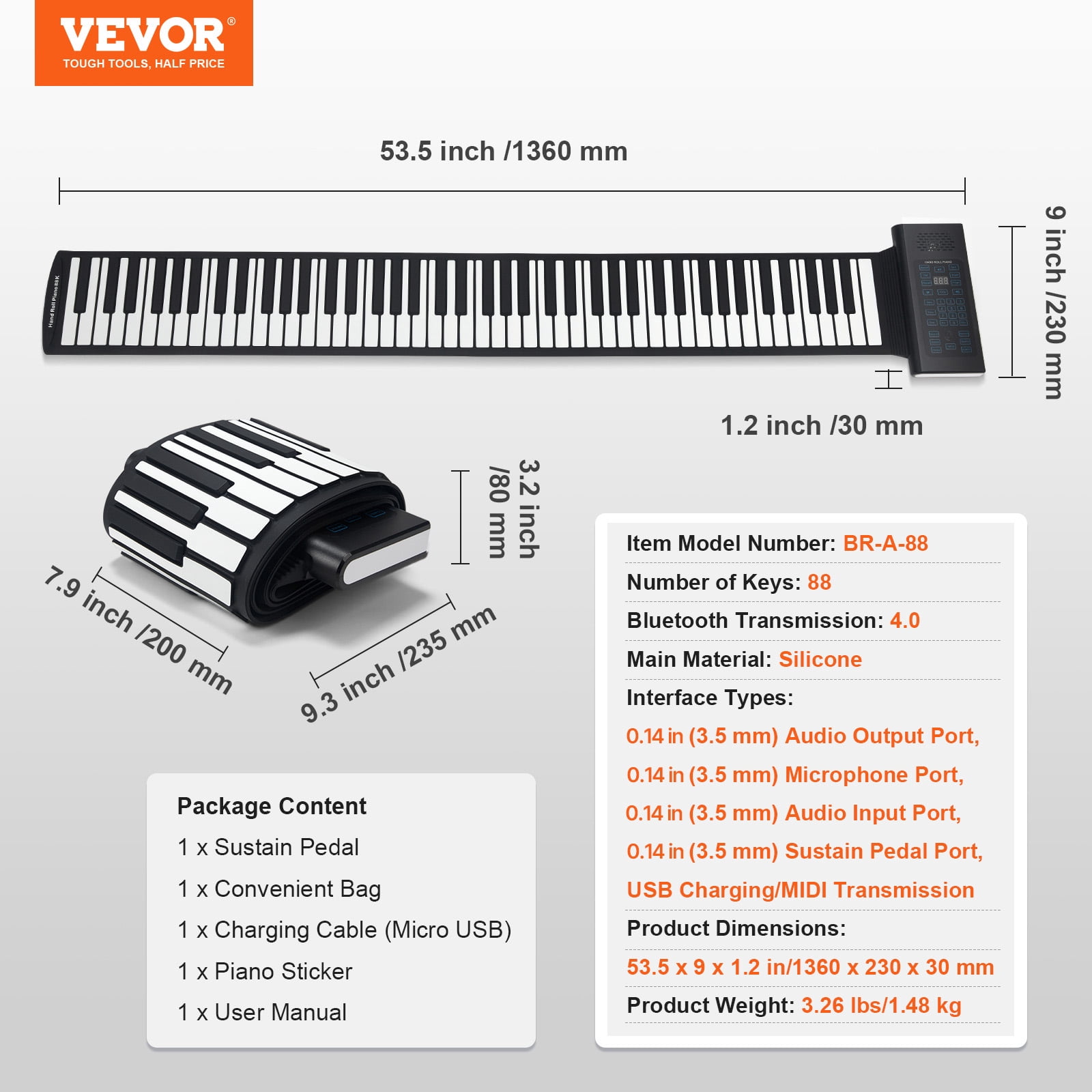 VEVOR 88 Keys Roll Up Keyboard Piano, 128 Rhythms, 128 Tones Portable Electric Digital Hand Roll Piano with Rechargeable Battery 2W Speaker LED Display 5 Ports MIDI Function, for Beginners Adults