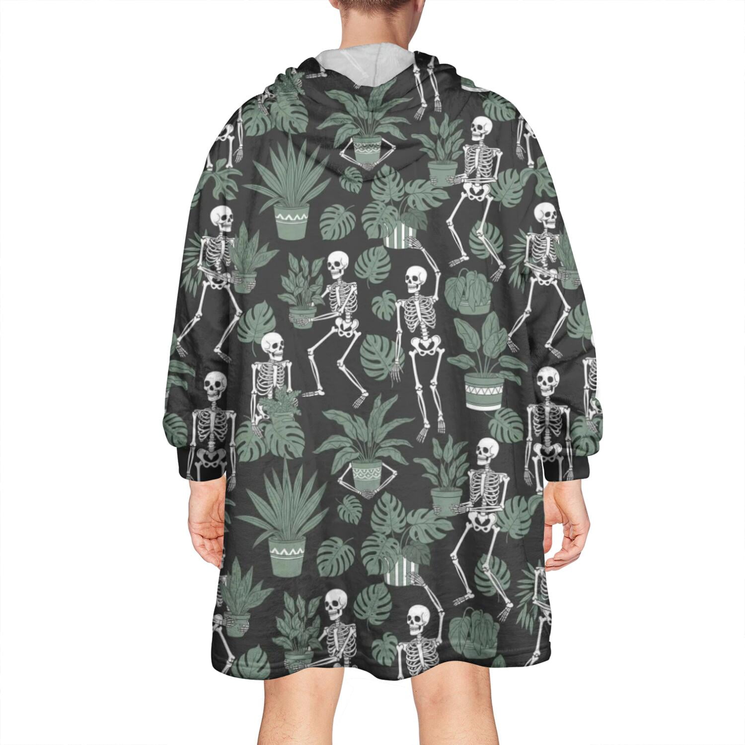 Wearable Oversized Blanket,Black Skeleton Plant Pattern Wearable Blanket Hoodie for Adults,Cozy Hooded Blankets with Super Pockets,Super Warm Fuzzy Pullover for Women & Men