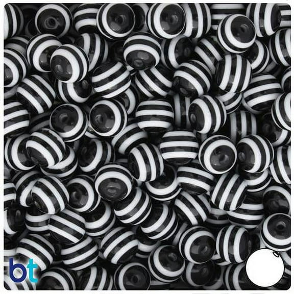 BeadTin Black & White Striped 10mm Round Resin Beads (75pcs)