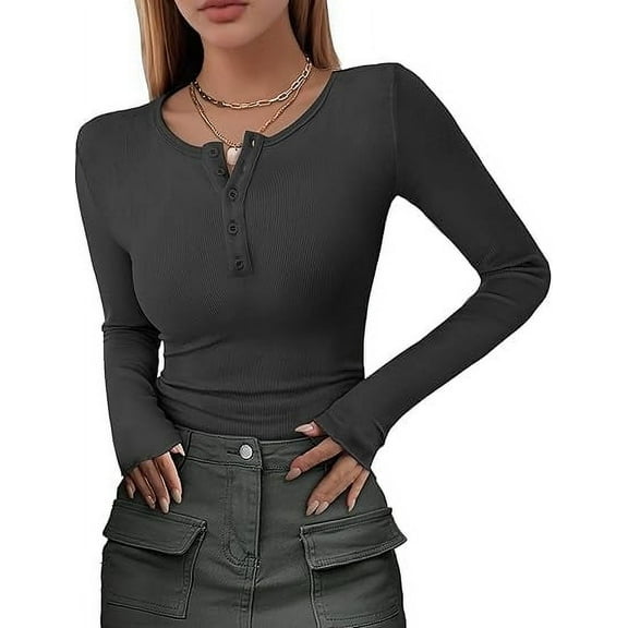 Women's Long Sleeve T-Shirt, Casual Henley Shirt for Spring and Fall, Slim Fit Basic Top, Ribbed Knit Button T-Shirt