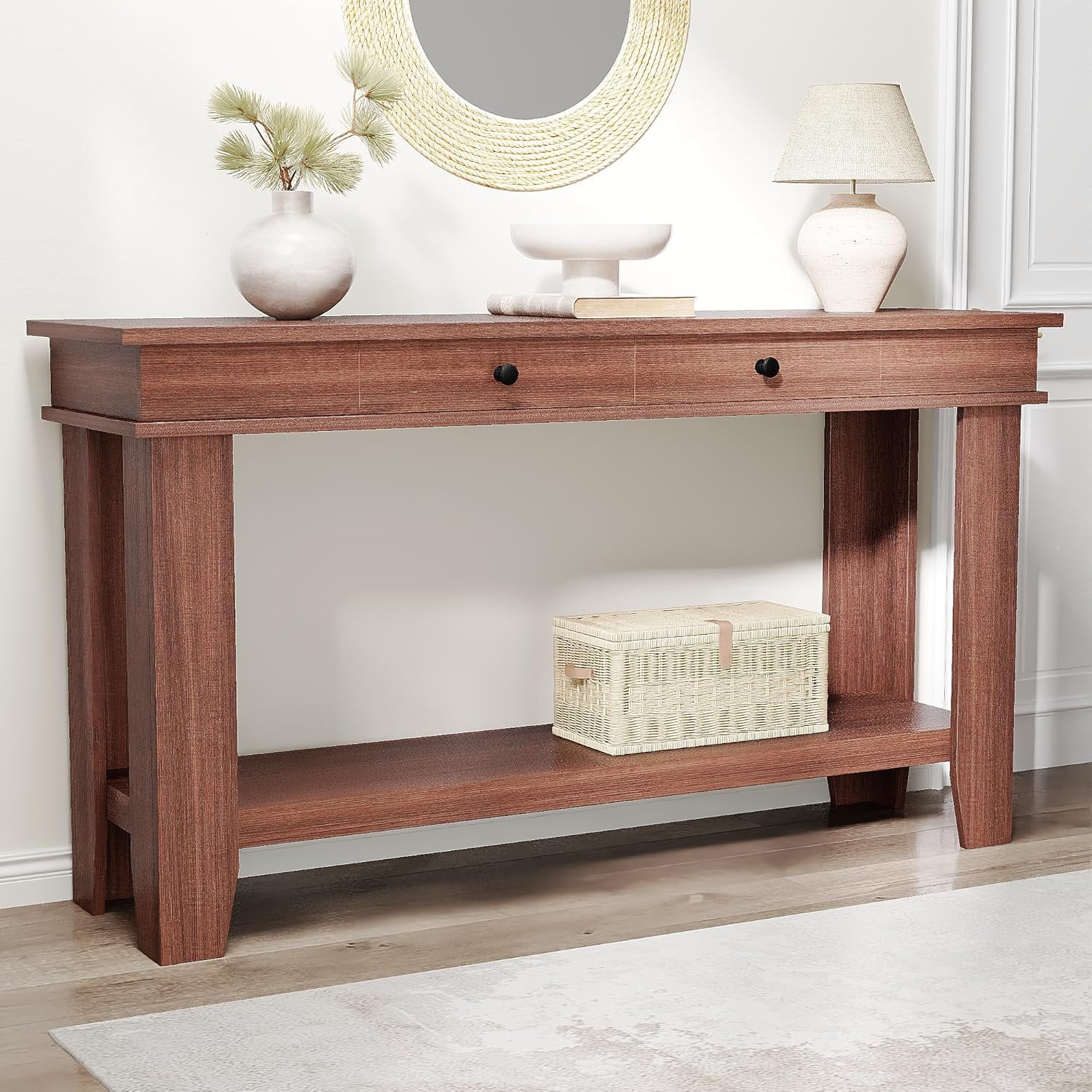 Farmhouse Entryway Console Table with Storage – 54" Wooden Sofa Table, 2 Drawers & 2 Open Shelves – Rustic Brown, Gray or Brown & White Finish – Durable, Stylish Storage for Living Room, Hallway