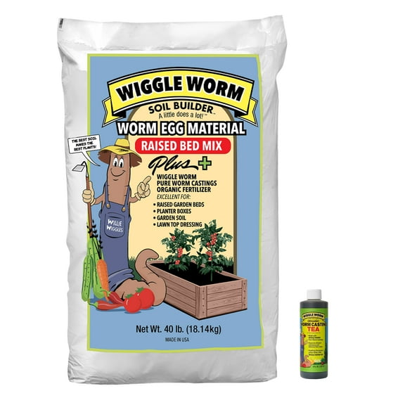 WIGGLE WORM Soil Builder Worm Egg Material Raised Bed Mix For Gardening, 40 Pound Bag, and WIGGLE WORM Castings Tea, 8 Ounce