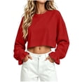 thumbnail image 2 of ClodeEU Women's Crew Neck Long Sleeve Cropped Drop Shoulder Sweatshirt,Casual Loose Crop Pullover Top Red,Women's Plus S, 2 of 6