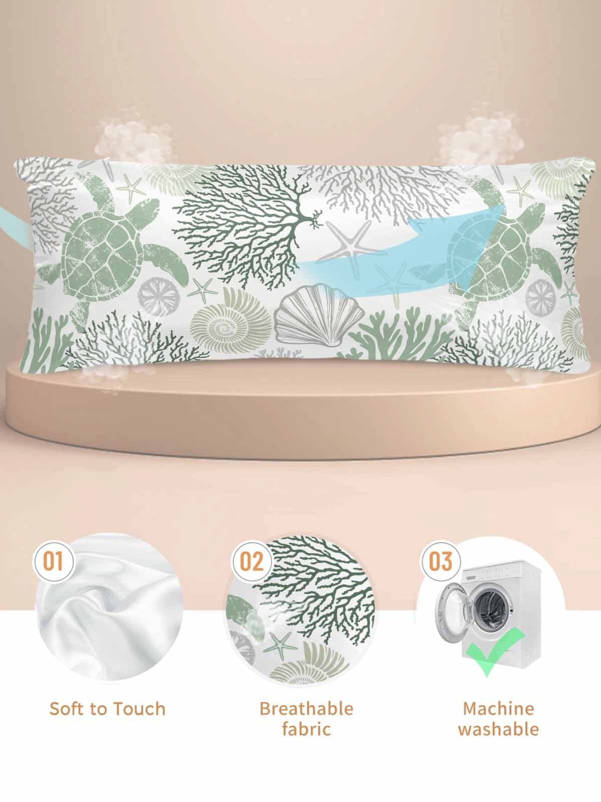 Sage Green Coastal Turtle Pillow Cases Body Size, Smooth Satin Pillowcase for Hair and Skin, Ocean Coral Nautical Decorative Cooling Bed Pillow Covers with Zipper, 20x54 Inches