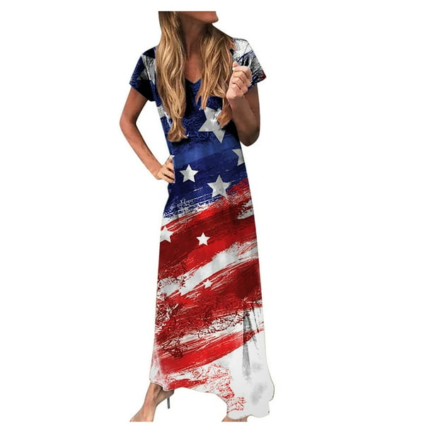 Fridja Women's Casual Maxi Dress Stripe Sleeveless Long Dress, USA Flag