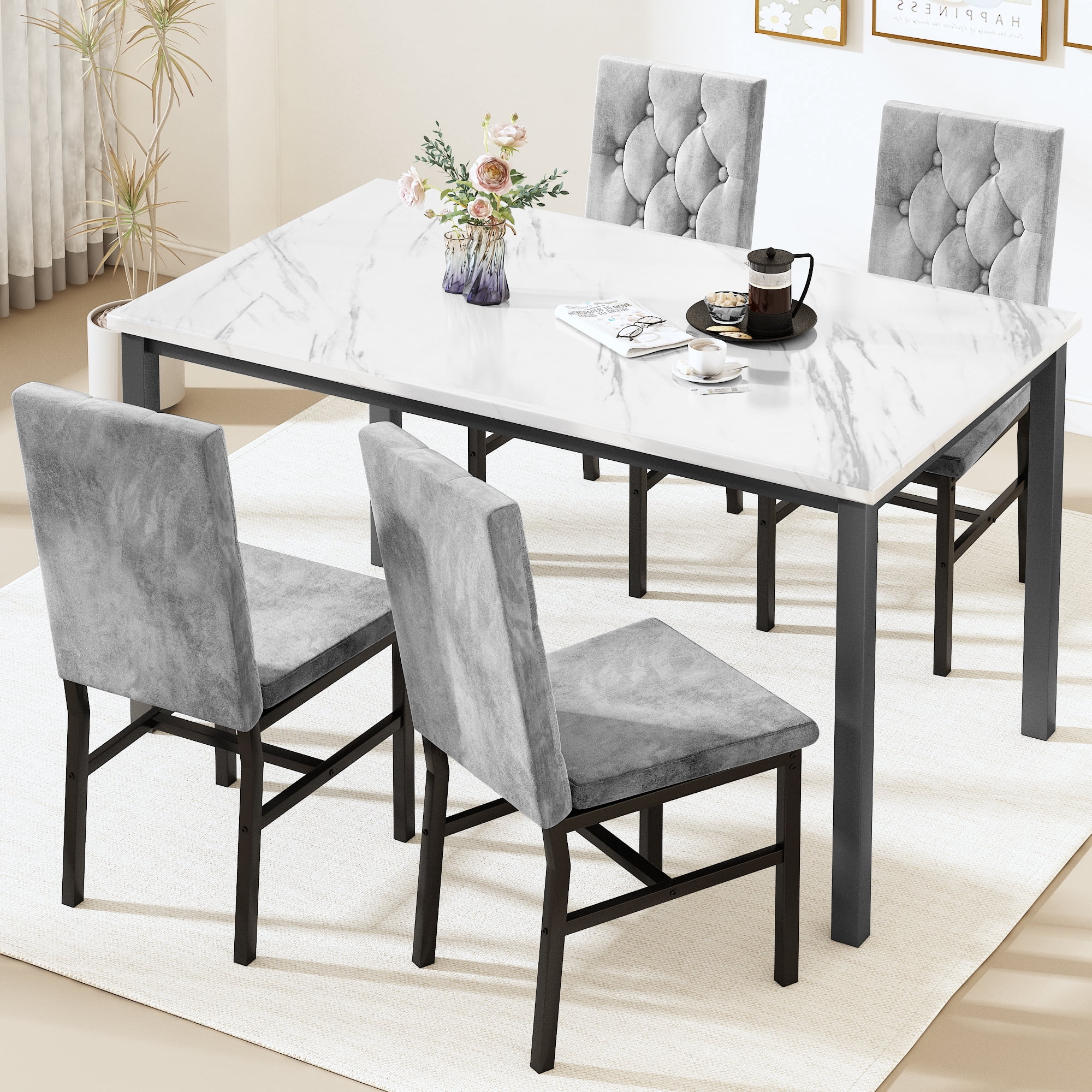 AWQMDining Table Set for 4, Faux Marble Kitchen Table with 4 Tufted Velvet Upholstered Dining Chairs, Modern 5 Pieces Dining Set for Kitchen, Breakfast Corner, Apartment, Gray