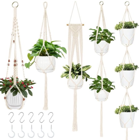 Sekkvy 5 Pack Beige Macrame Handmade Cotton Rope Hanging Planter Boho Home Decor with 10 Hooks Hanging Flower Pots Holder Outdoor Indoor