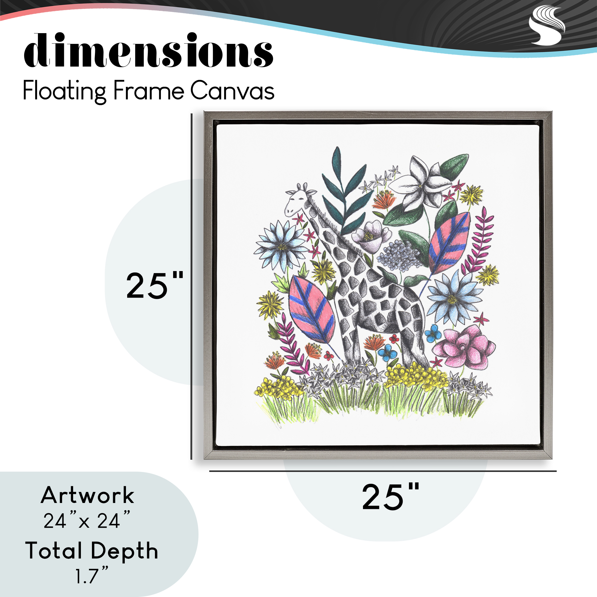 Giraffe in Midst of Flowers Gray Framed Floater Canvas Wall Art, design by Cecilia Battaini