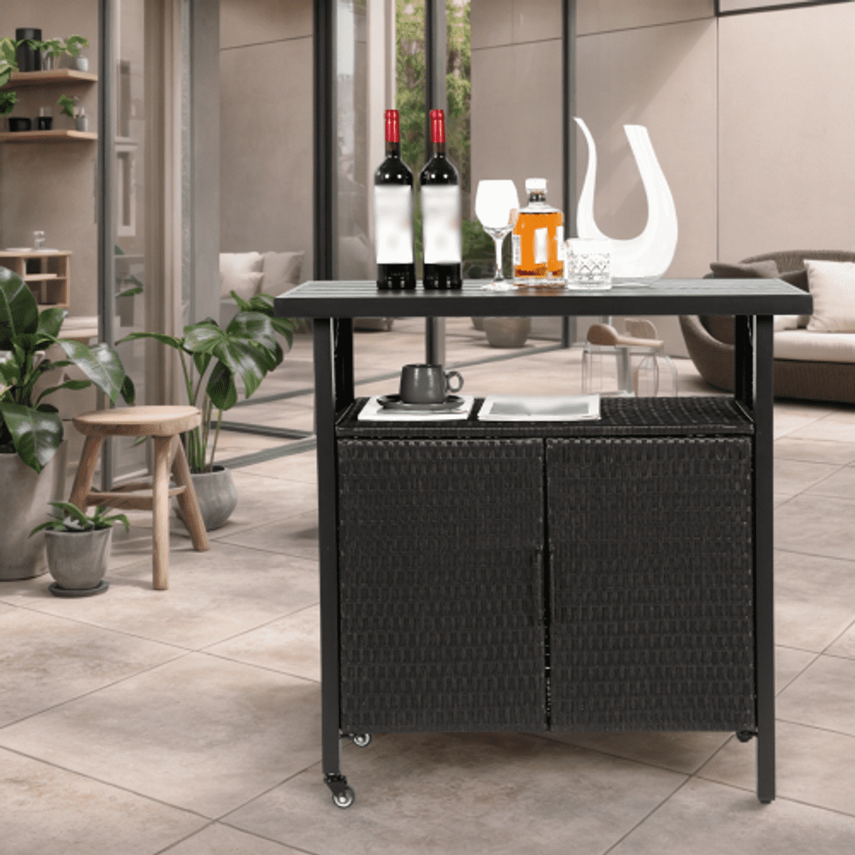 Sailvan Outdoor Wicker Bar Cart, Rolling Rattan Beverage Serving Cart with Wheels for Backyard Garden Poolside Party, Black