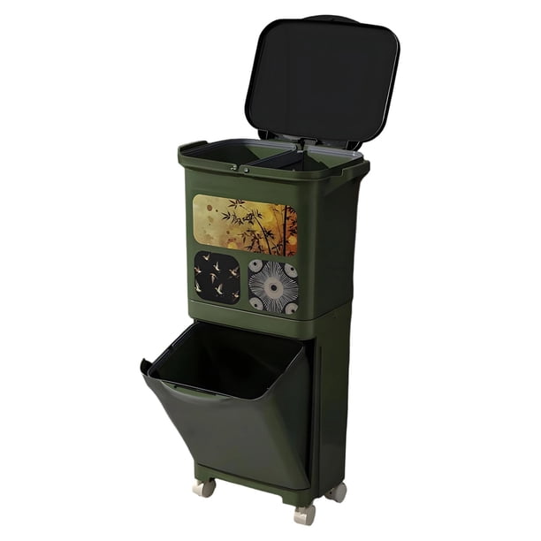 Cubo de Basura Cocina Reciclaje con Ruedas Compartimiento Extraíble Tapa Fácil Y Separador Seco Húmedo Adecuado para Restaurantes Oficinas Hogares Apa Verde