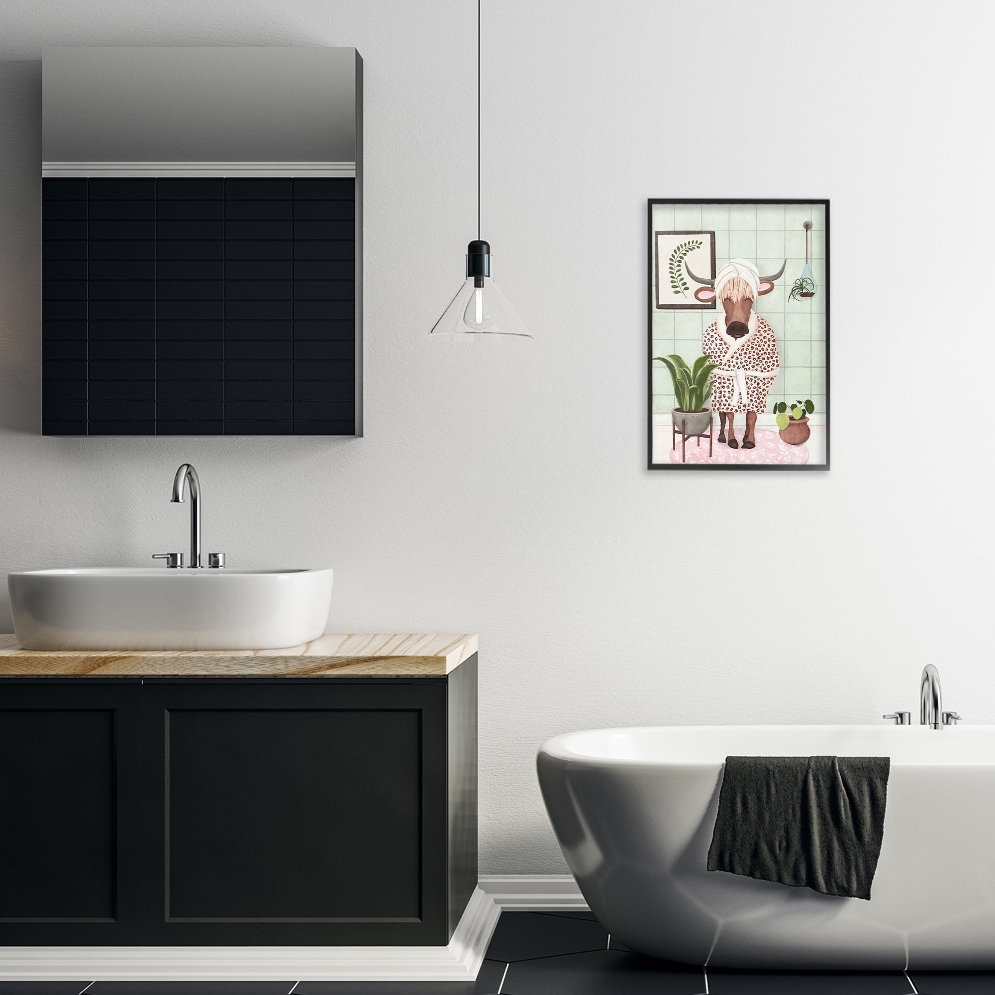 Stupell Industries Cow in Bathrobe Typography Painting Black Framed Art Print Wall Art, 16 x 24
