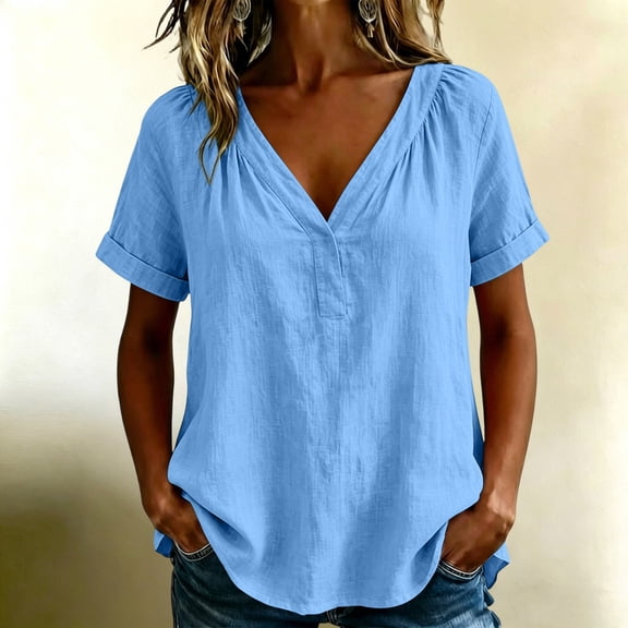 IUYRTFE Women's V-Neck Short Sleeve Cotton Linen Blouse Relaxed Fit Casual Summer Top with Button Detail