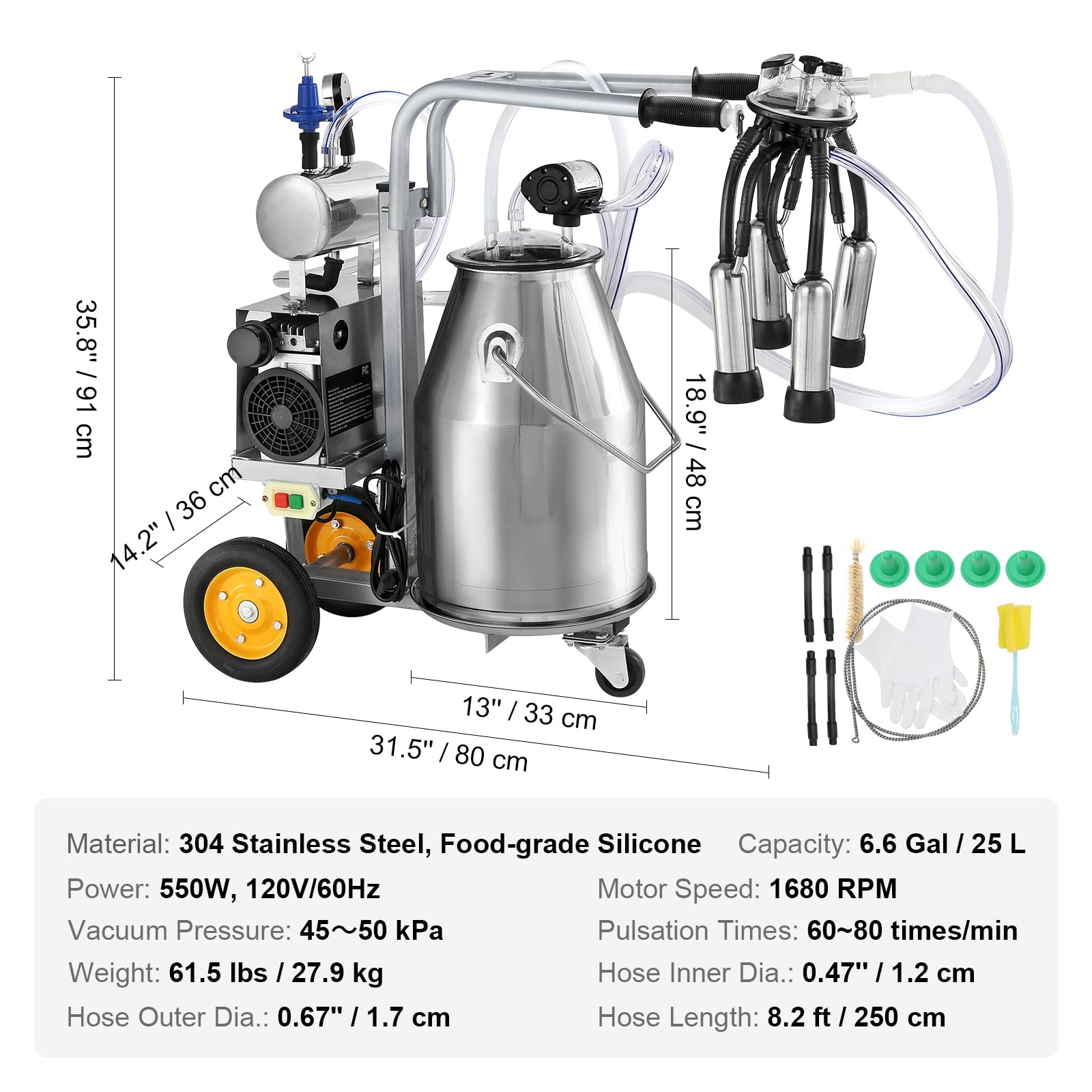 SKYSHALO Electric Milking Machine, 25L Vacuum Pump Single Barrel Milking Equipment 304 Stainless Steel Bucket Milker for Cows Only