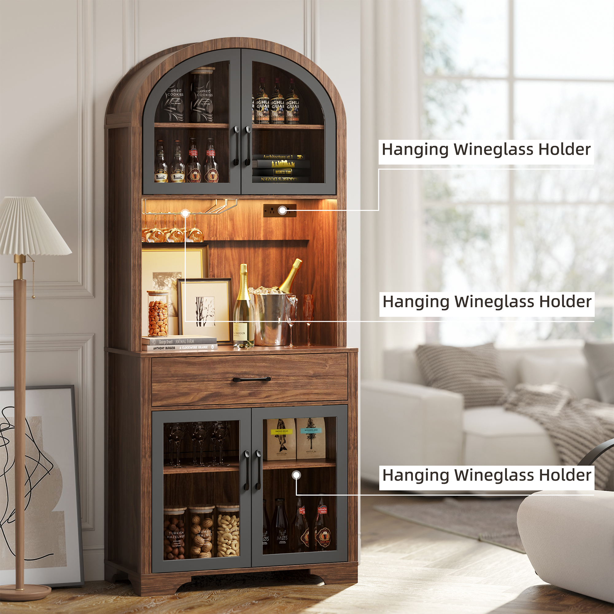 75" Tall Pantry Hutch with Charging Station and Microwave Stand, Kitchen Cabinets Hutch Cupboard for Kitchen, Dining Room, Walnut