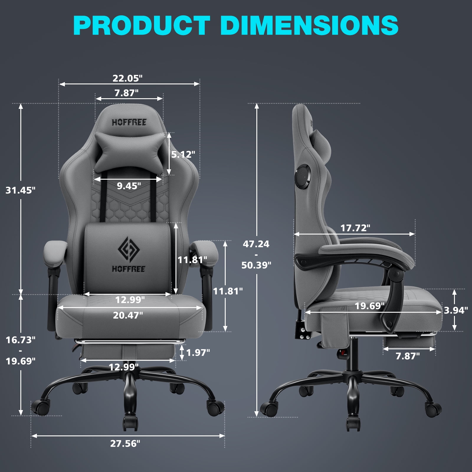 Hoffree Gaming Chair with Speakers and Massage Skin-friendly Gamer Chairs for Adults with Footrest Big and Tall Video Game Chair with Headrest and Lumbar Support for Office and Home Dark Grey