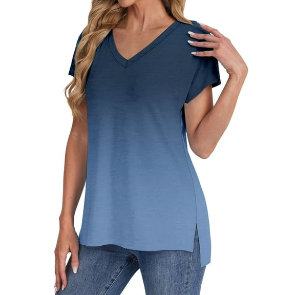 Blue Women's Short Sleeve T-shirt, Womens Summer Daily Casual V Neck Shirts Short Sleeve Tops Blouses Loose Fit Shirt,Women's Short sleeve T-shirt L