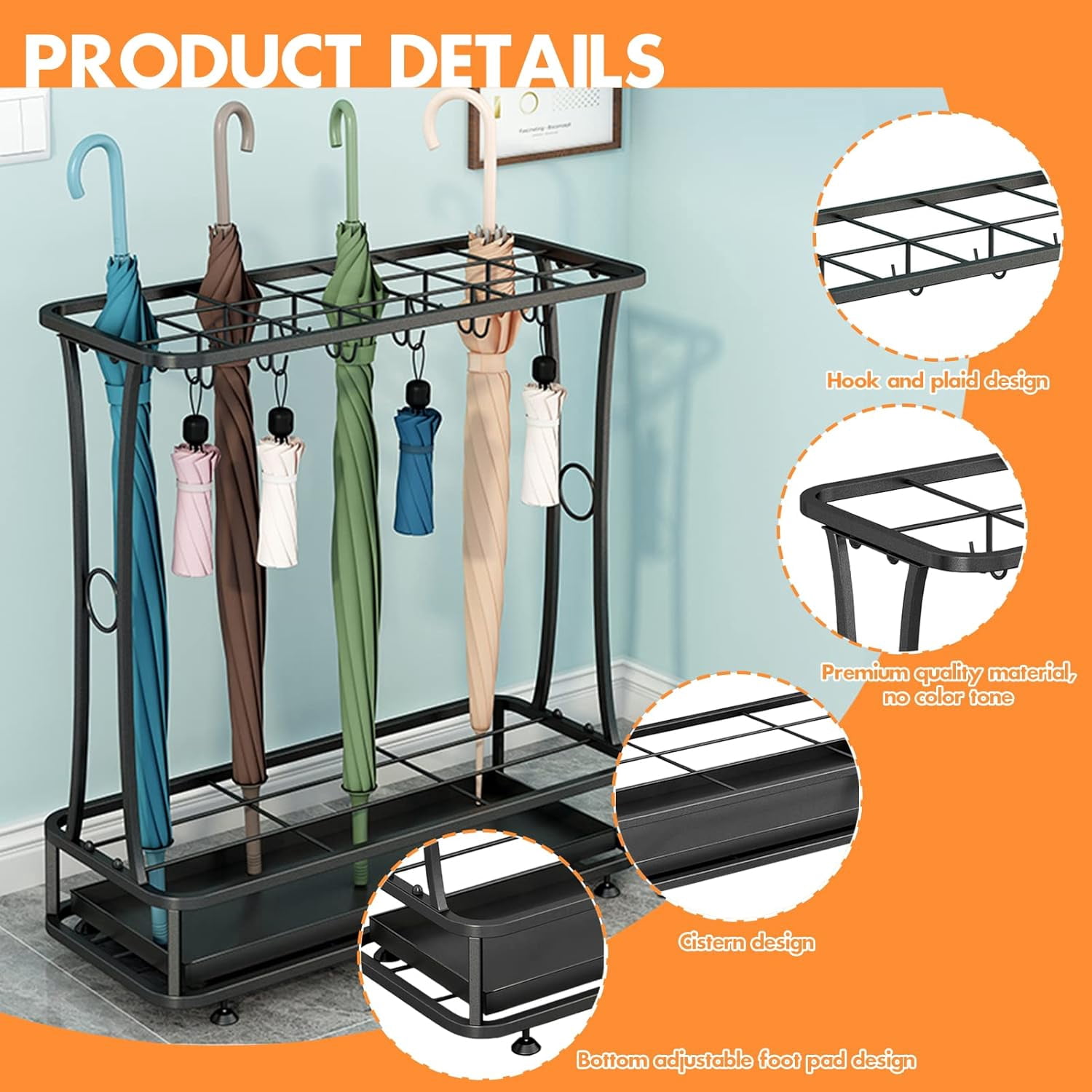Metal Umbrella Holder Stand with Removable Drip Tray, Industrial Free Standing Umbrella Rack Organizer for Entryway Home Office Patio Decor