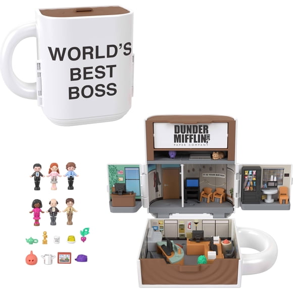 Polly Pocket x The Office Ensemble de Jeu Compact 6 Poupées Personnages et 9 Accessoires, Jouet de Collection en Partenariat, Extérieur de Tasse à Café