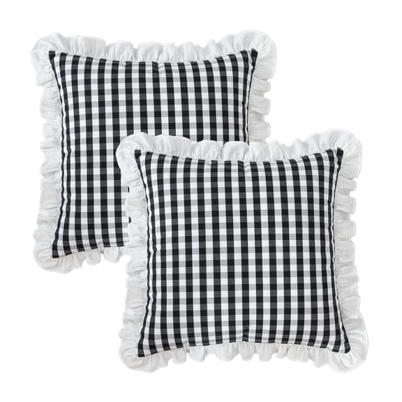 GLORY SEASON Gingham Throw Pillow Covers Set of 2 Retro Ruffle Flounces Trim Cottage Pillow Cases 18x18In