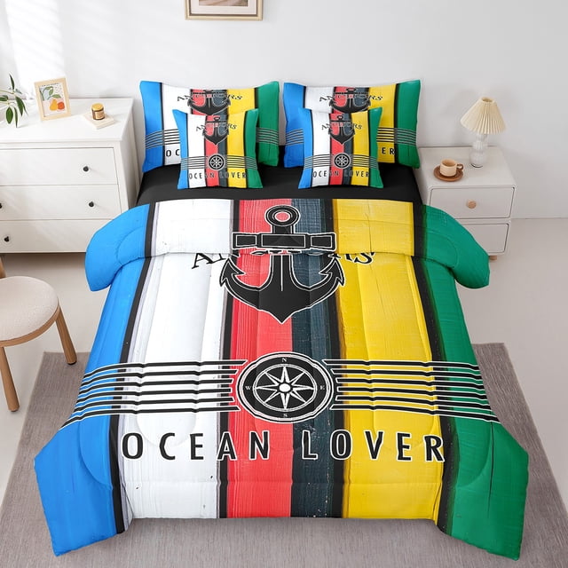 Ship Anchor Bed in a Bag Queen Comforter Set 7 Piece,Ocean Nautical Bedding Set Wheel Compass Sheet Set with Comforter,Rustic Vintage Rainbow Stripes Bed Set