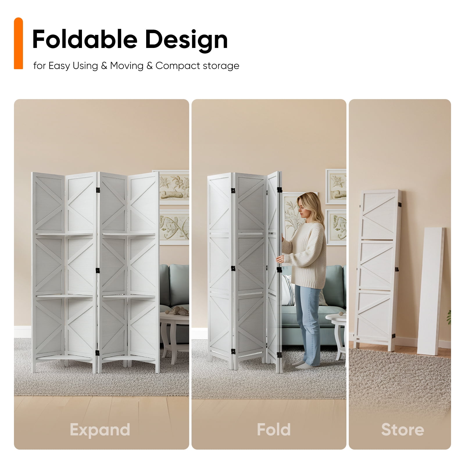 Jostyle 4 Panel Room Divider Privacy Screen with Storage Shelves - Foldable Partition with Natural Paulownia Wood Frame for Living Room, Bedroom, Office White