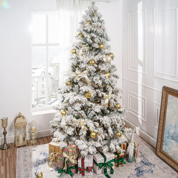 Skylar 6.5ft Snow Flocked Christmas Tree Prelit with 626 Branch Tips, 400 Warm Lights and Metal Stand, 43" wide Realistic Alaskan Pine Frosted Christmas Tree with Lights by Naomi Home