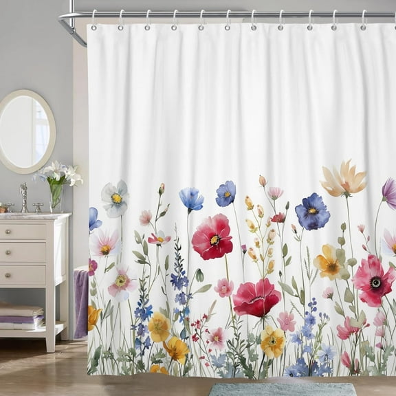 Pbobriich Floral Shower Curtain, Pink Flower Waterproof Fabric Shower Curtain with 12 Hooks , 72''x 72''