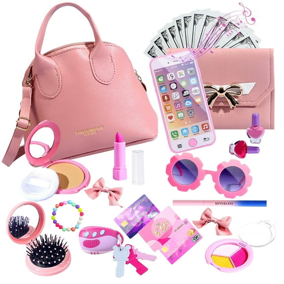 GLUAAE Play Purse Toy for Girls, Toddler Purse Handbag with Makeup, Smartphone, Wallet, Keys, Credit Card, 31 Pieces Pretend Toy Set for 3  Year-Old-Girls Toddler (Pink)