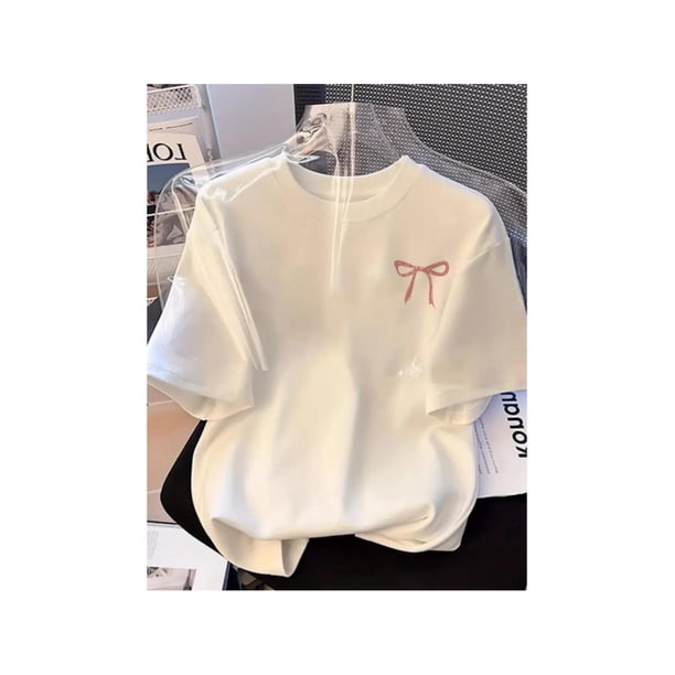 Women's Casual Round Neck with Cute Pink Bow Print Loose Fit Short Sleeve Cotton T-Shirt for Summe