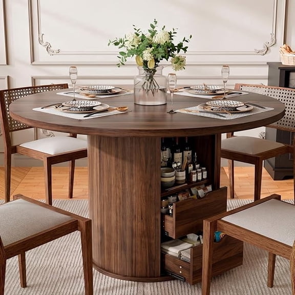 JULY'S SONG 47" Round Dining Table for 4, Circle Kitchen Table with Hidden Storage & Sliding Door, Dinner Table, Modern Farmhouse Dining Room Table for Kitchen Living Room ,Walnut