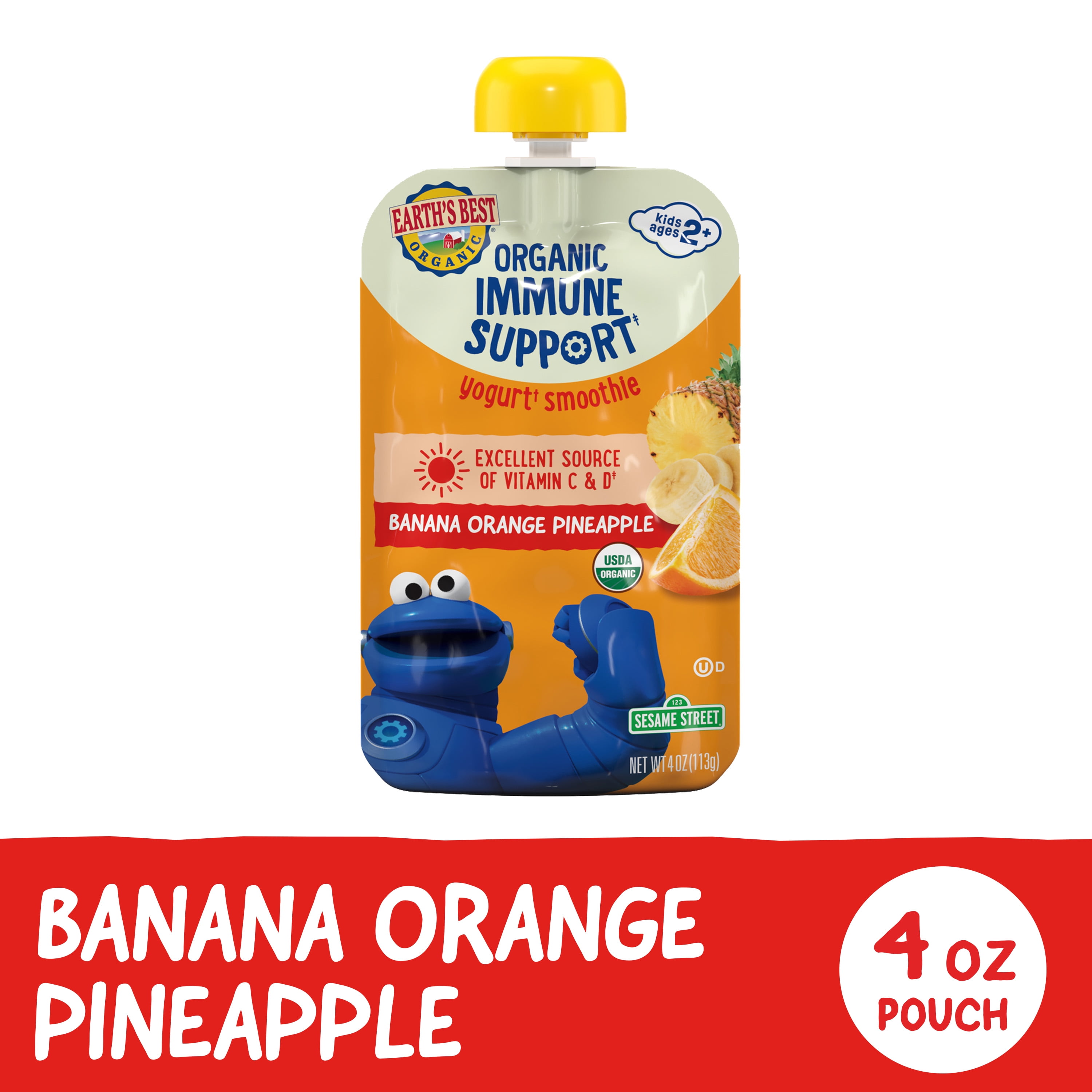 (4 pack) Earth's Best Organic Immune Support Toddler Food, Banana Orange Pineapple Smoothie, 4 oz Pouch