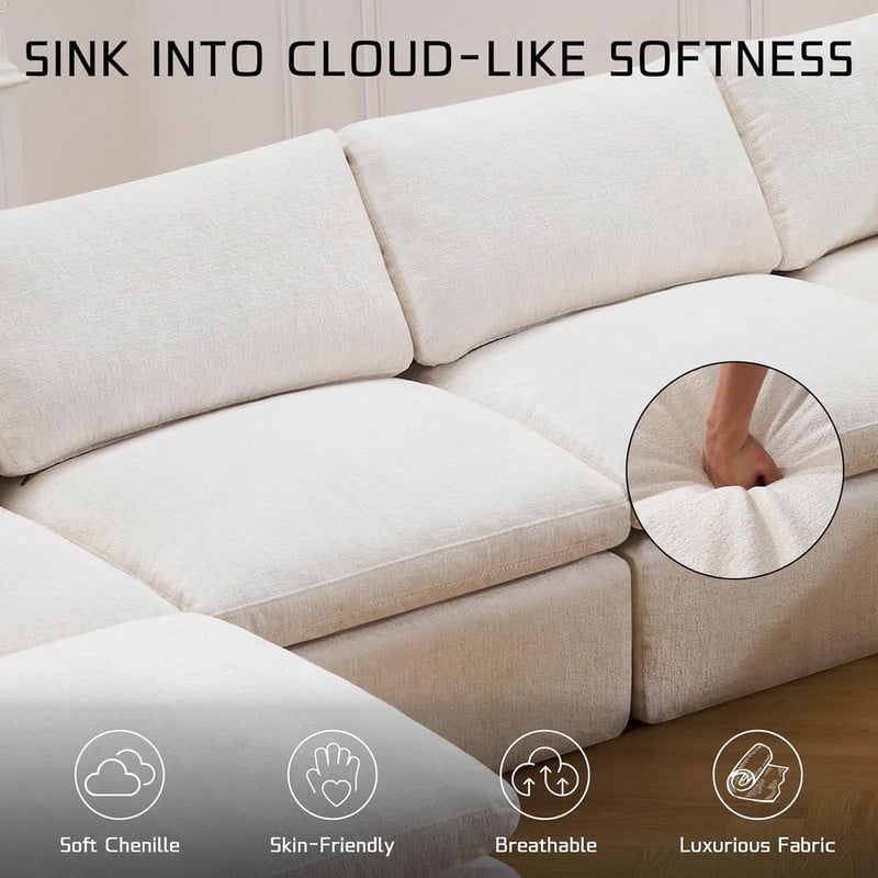 Oversized U-Shaped Sectional Sofa with Ottoman, 7-Seater Chenille Modular Sofa with Deep Seat, Cloud Sofa Boneless Couch for Living Room Apartment