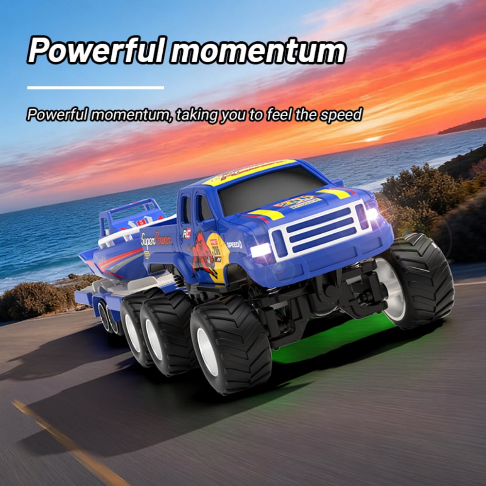 Mini Rc Truck, 1:64 Scale Monster Truck Remote Control Car with Speedboat and Lights, 2.4Ghz Remote Control, Mini Alloy Monster Truck Rc, Speed/Steering Adjustable
