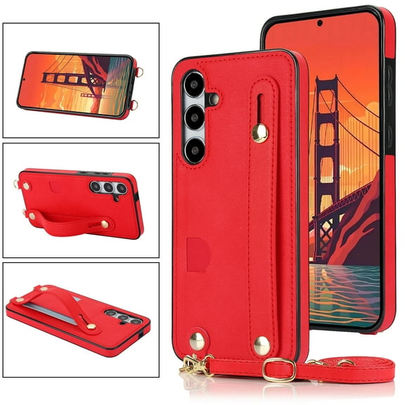 Dteck Crossbody Case for Samsung Galaxy S25 with Card Slot Holder for Women, Adjustable Shoulder Strap Lanyard with Wristband Kickstand Phone Cover Case for Samsung S25, Red