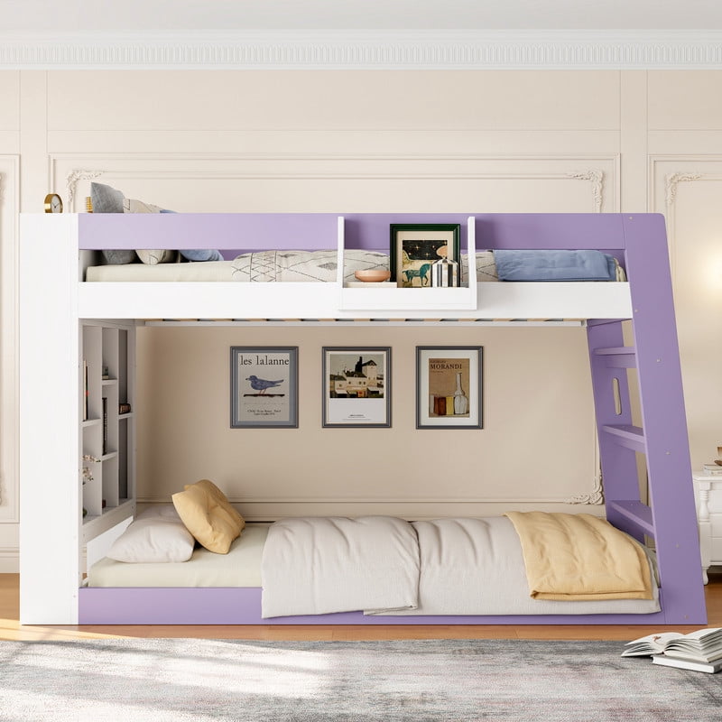 Twin-Over-Twin XL Kids/Teens Bunk Bed with Open Shelves & Guardrail, Accent Two-Tone Wood Storage Bed Frame with Bedside Rack