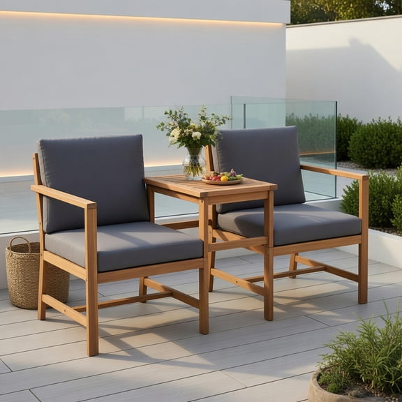 Resenkos 3-Piece Acacia Wood Outdoor Loveseat Set with Detachable Coffee Table & Removable Cushions – Natural Teak Patio Furniture for Backyard, Balcony, Poolside