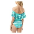 thumbnail image 2 of VINCE CAMUTO SWIM Women's Green Striped Stretch Removable Cups Lined Moderate Coverage Ruffled Off The Shoulder One Piece Swimsuit 10, 2 of 2