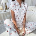 thumbnail image 6 of QQAMB Women Lounge Set Two Piece Pajamas Casual Print Short Sleeve Nightwear Sets Loose Lace V-Neck Sleepwear Set Red L, 6 of 8