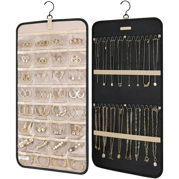 YSTDHL Dual-sided Jewelry Organizer Hanging with Metal Hooks,32 Pockets and 3 Wave-Shaped Hooks,Jewelry Roll for Earrings,Necklaces,Rings on Closet,Wall,Door,1 piece, Small, Black