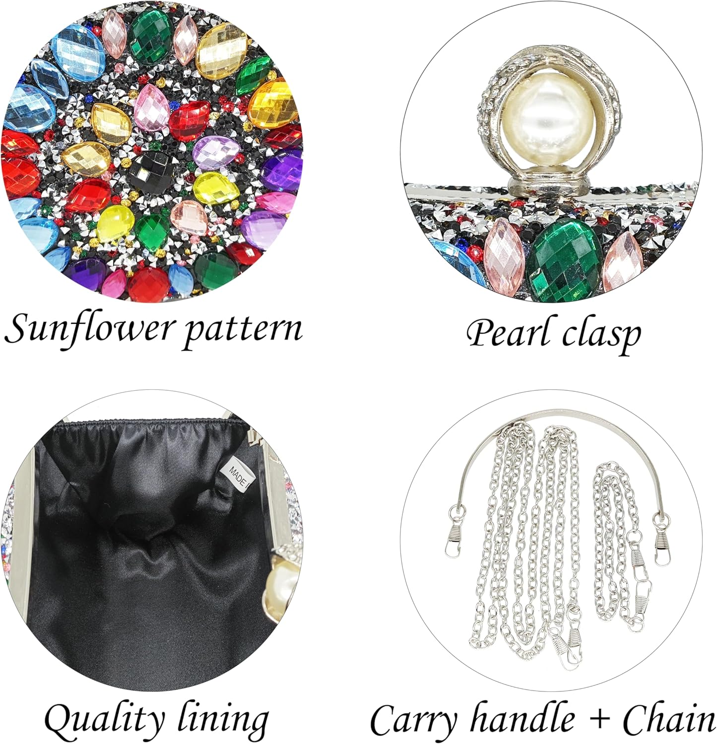 Kwuty Rhinestone Clutch Purses for Women Evening Wedding Formal - Round Pearl Clasp Handbag - Crystal Diamond Bag