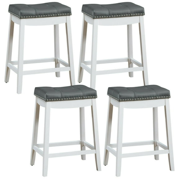 Topbuy 4PCS Saddle Bar Stools Backless Nailhead Counter Stool with Grey Cushions White