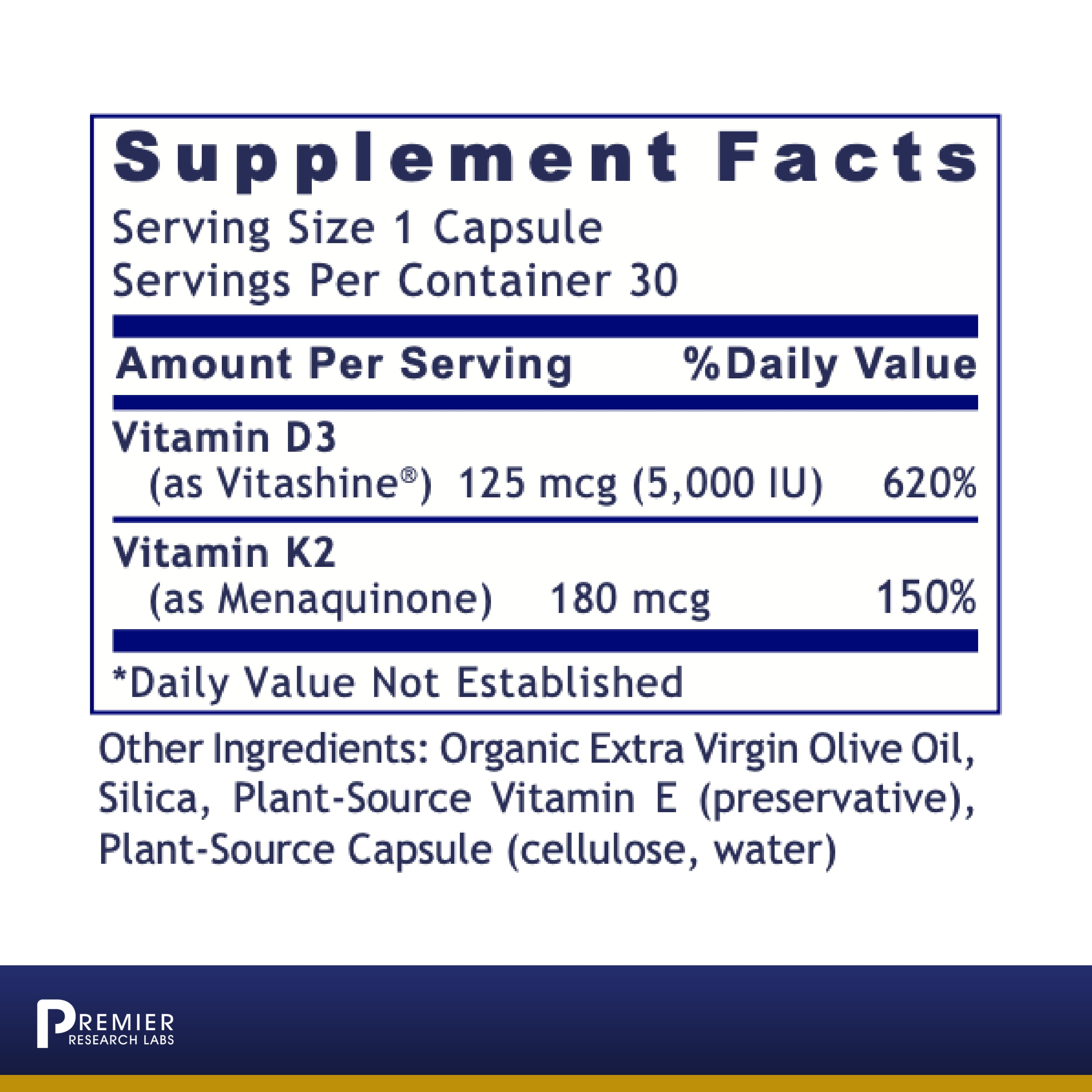 Premier Research Labs Vitamin D3 + K2 - Supports Bone & Heart Health - Vegan Supplements - Vitashine & Menaquinone - Gluten-Free - Quality Tested - 30 Plant-Source Capsules