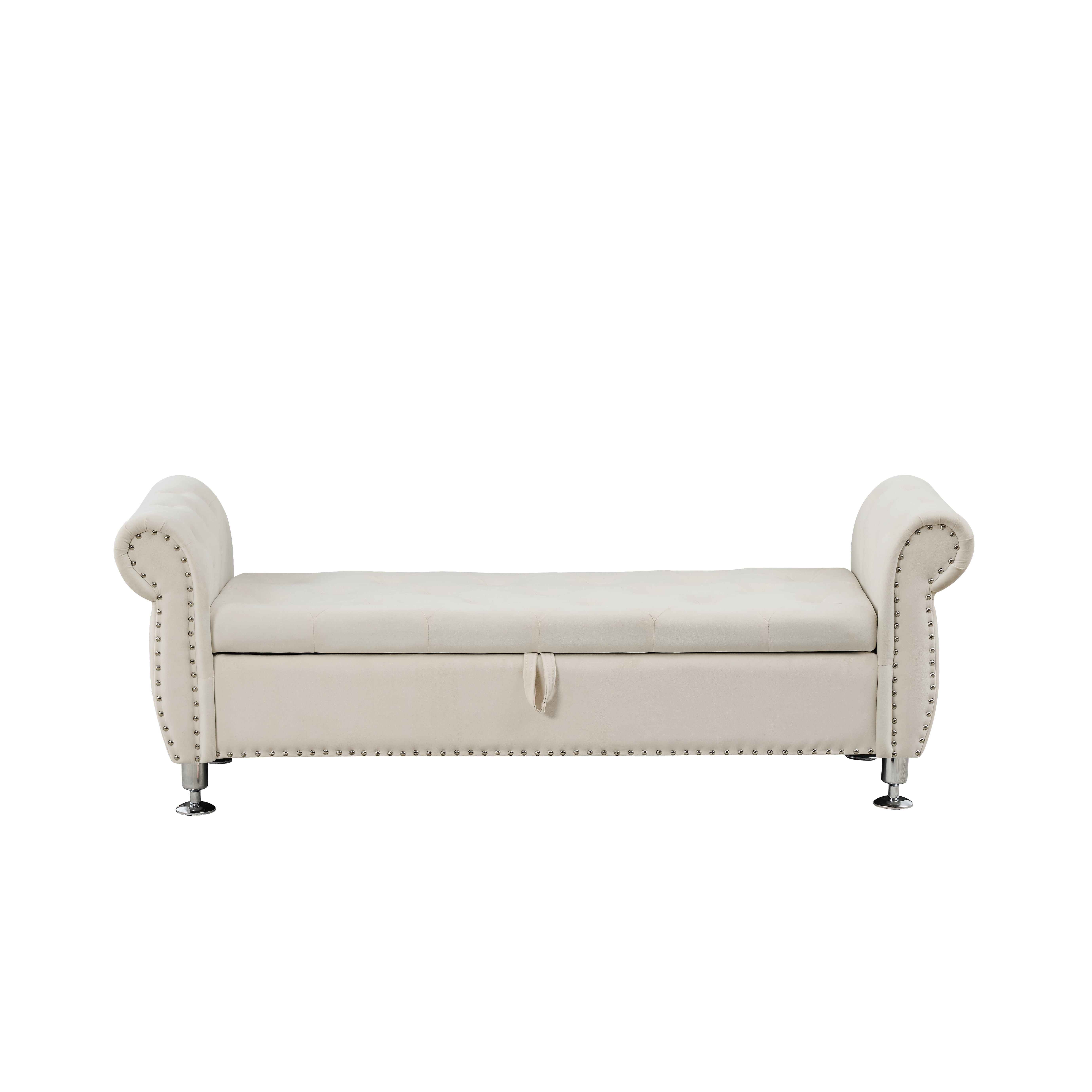 Velvet Storage Bench with Crystal Buttons and Pillow, 62.2-Inch Ottoman with Safety Hinge Design for Bedroom and Living Room, Beige